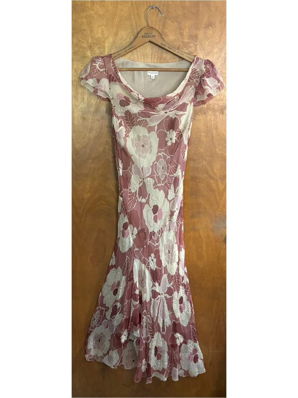 Vintage 90s 100% Silk Pink Floral Asymmetric Maxi Dress Cowl Neck Fairy Wedding